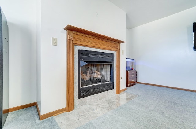 details with a fireplace and carpet