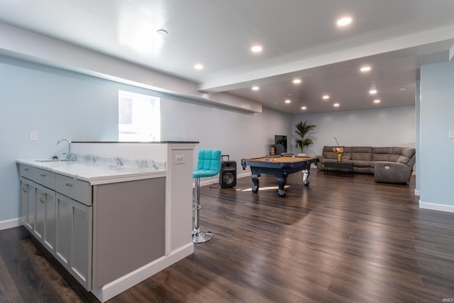 game room featuring sink, billiards, and dark hardwood / wood-style floors