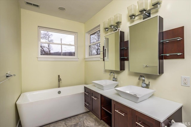 bathroom with vanity and a washtub