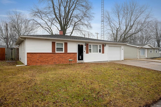 ranch-style house with a garage and a front lawn