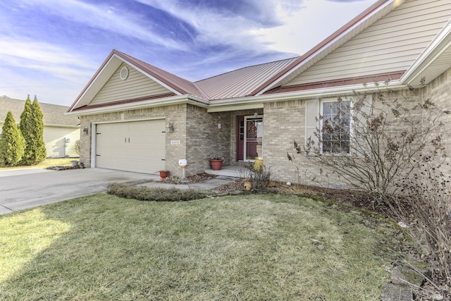 single story home featuring a garage and a front yard