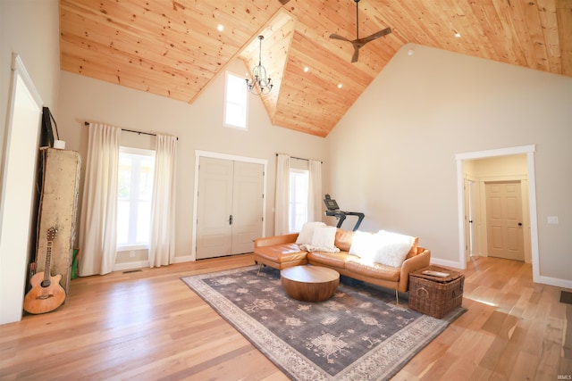 sitting room with plenty of natural light, a notable chandelier, wood ceiling, and light hardwood / wood-style floors