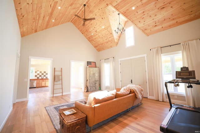 living room featuring an inviting chandelier, wooden ceiling, high vaulted ceiling, and light hardwood / wood-style flooring