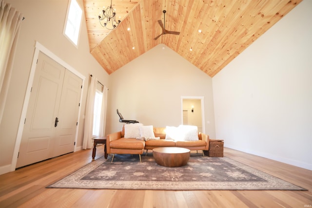 sitting room with a notable chandelier, hardwood / wood-style flooring, high vaulted ceiling, and wooden ceiling