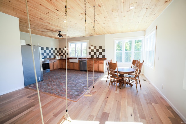 dining area featuring light wood-type flooring, ceiling fan, sink, and wooden ceiling