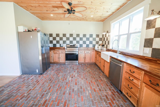 kitchen featuring tasteful backsplash, sink, wood ceiling, and stainless steel appliances