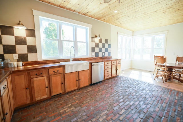 kitchen with stainless steel dishwasher, a healthy amount of sunlight, sink, and wooden ceiling