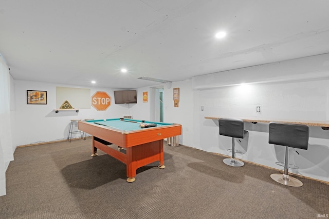 recreation room with indoor bar, billiards, and carpet flooring