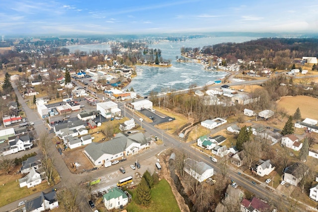 drone / aerial view featuring a water view