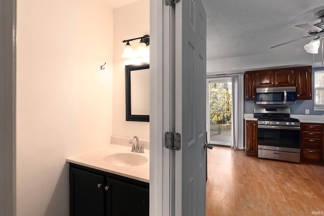 bathroom with hardwood / wood-style flooring, vanity, a wealth of natural light, and ceiling fan