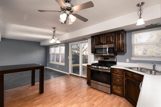 kitchen featuring sink, hanging light fixtures, stainless steel appliances, dark brown cabinets, and light wood-type flooring