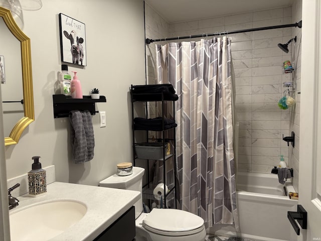 full bathroom with shower / bath combo, vanity, and toilet