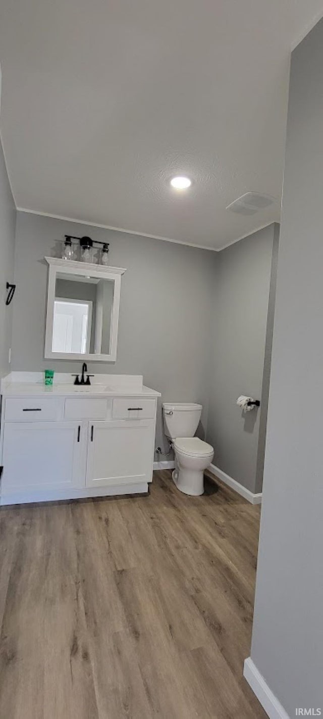 bathroom with wood-type flooring, vanity, and toilet