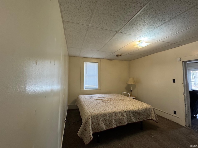 bedroom featuring carpet flooring and a drop ceiling