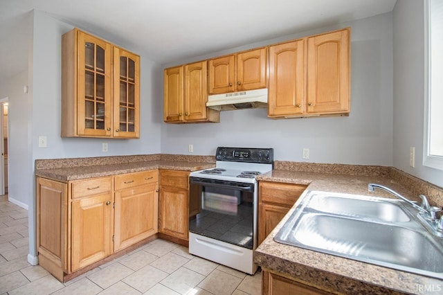 kitchen with sink, white electric range, and light tile patterned floors