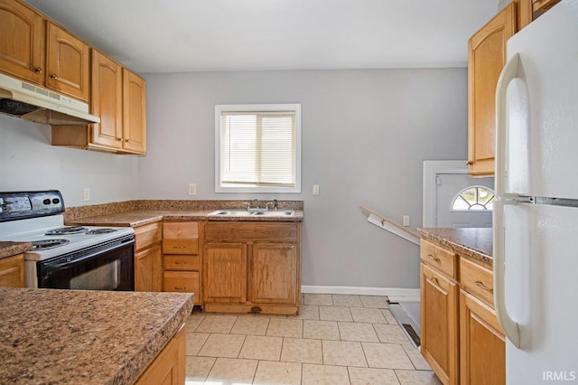 kitchen featuring white refrigerator, black / electric stove, sink, and light tile patterned floors