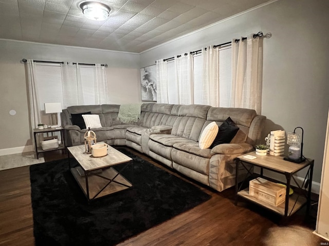 living room featuring dark wood-type flooring