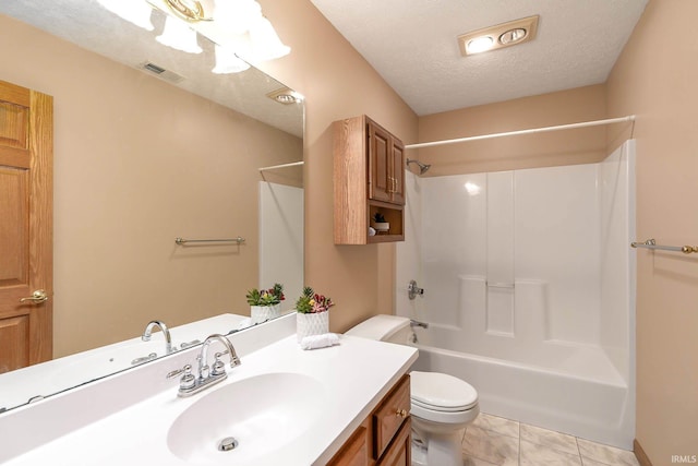 full bathroom featuring shower / tub combination, vanity, a textured ceiling, and toilet