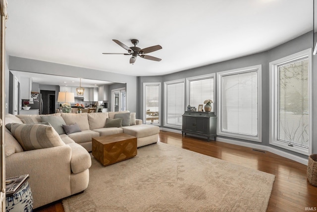 living room featuring ceiling fan and wood-type flooring