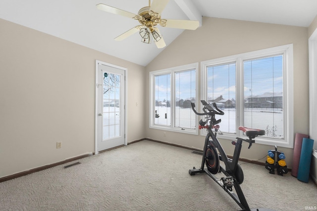 exercise area with ceiling fan, lofted ceiling, and light carpet