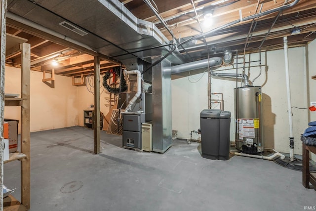 basement with heating unit and water heater