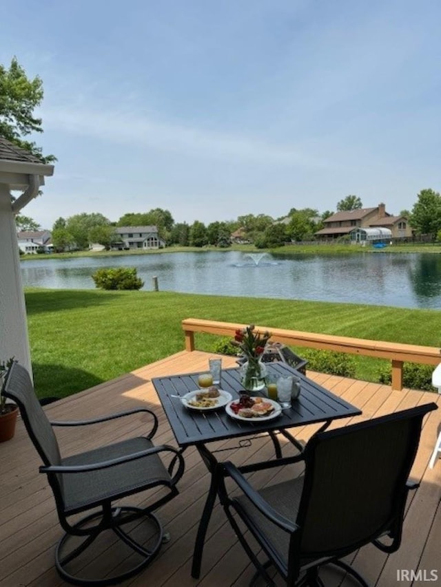 wooden terrace featuring a water view and a yard