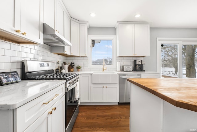 kitchen with butcher block countertops, sink, appliances with stainless steel finishes, a wealth of natural light, and white cabinets