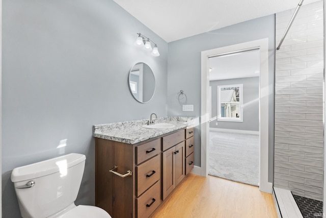 bathroom featuring vanity, wood-type flooring, toilet, and walk in shower