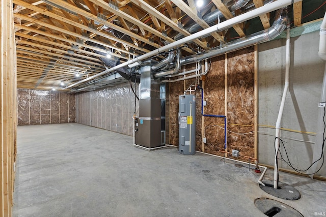 basement with heating unit and water heater