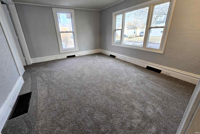 spare room featuring crown molding and carpet