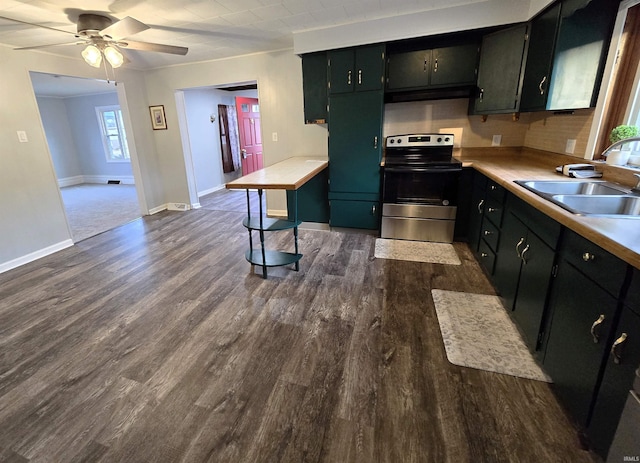 kitchen with sink, stainless steel range with electric cooktop, dark hardwood / wood-style floors, and ceiling fan