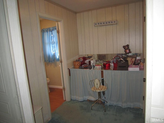 interior space with toilet and wood walls