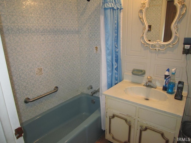 full bath featuring vanity and shower / bath combination with curtain