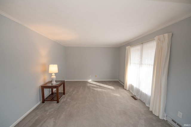 unfurnished room featuring ornamental molding and light colored carpet