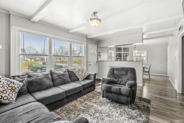 living room featuring beamed ceiling and wood-type flooring