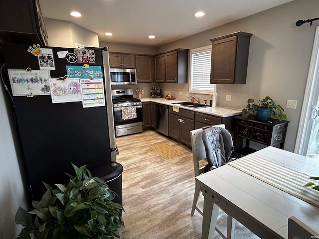 kitchen with dark brown cabinetry, stainless steel appliances, light hardwood / wood-style floors, and sink