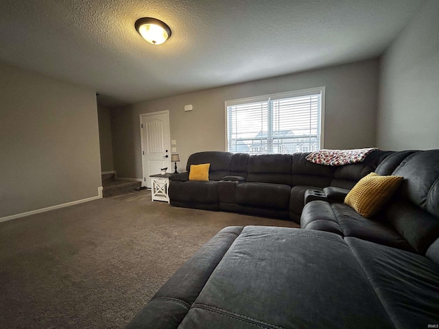 carpeted living room with a textured ceiling