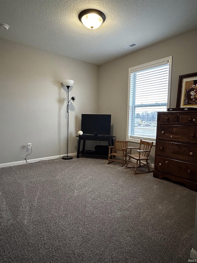 sitting room featuring carpet flooring and a textured ceiling