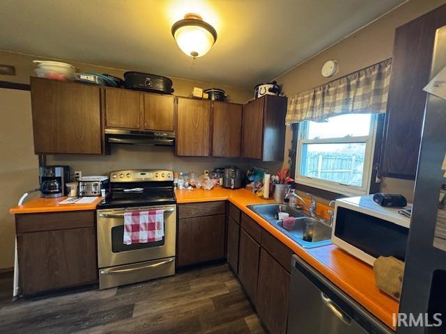 kitchen featuring dark wood-type flooring, stainless steel appliances, and sink