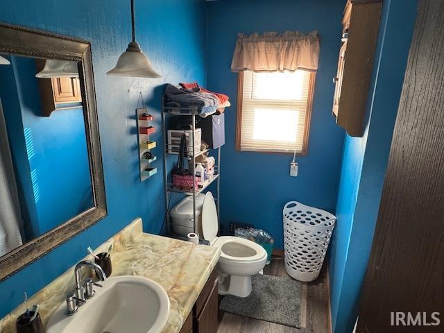 bathroom featuring vanity, hardwood / wood-style floors, and toilet