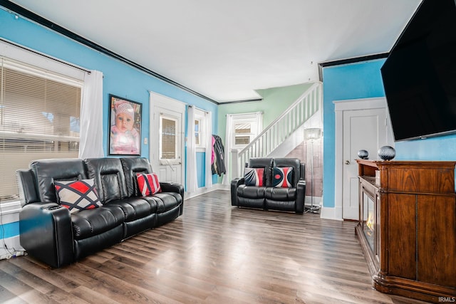 living room featuring crown molding, dark wood-type flooring, and plenty of natural light