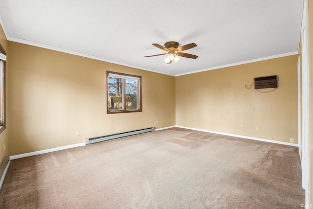 empty room featuring carpet floors, a baseboard radiator, ornamental molding, and ceiling fan