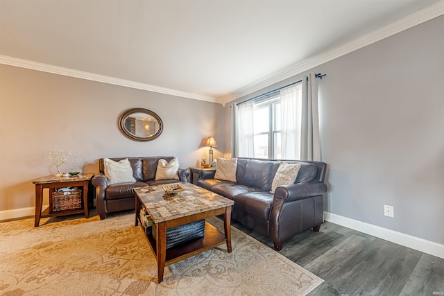 living room featuring ornamental molding and wood-type flooring