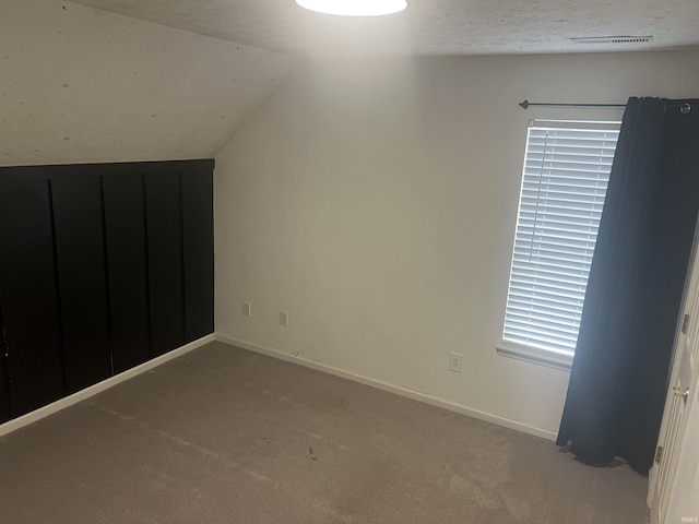 bonus room featuring lofted ceiling, a textured ceiling, and carpet