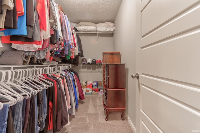 walk in closet with light carpet