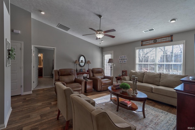 living room featuring a textured ceiling, vaulted ceiling, dark hardwood / wood-style floors, and ceiling fan