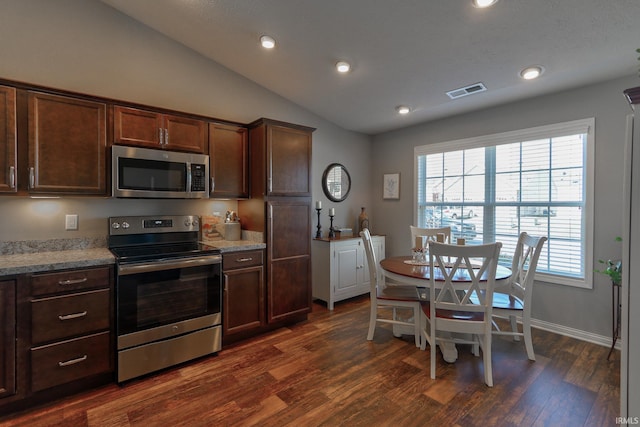 kitchen with dark wood-type flooring, dark brown cabinets, stainless steel appliances, light stone countertops, and vaulted ceiling