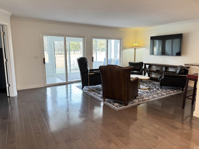 living room with crown molding, dark hardwood / wood-style flooring, and a textured ceiling