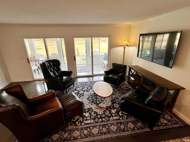 living room featuring hardwood / wood-style flooring, crown molding, and a textured ceiling