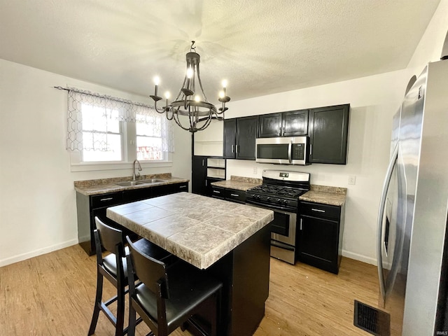 kitchen featuring sink, a center island, light wood-type flooring, pendant lighting, and stainless steel appliances